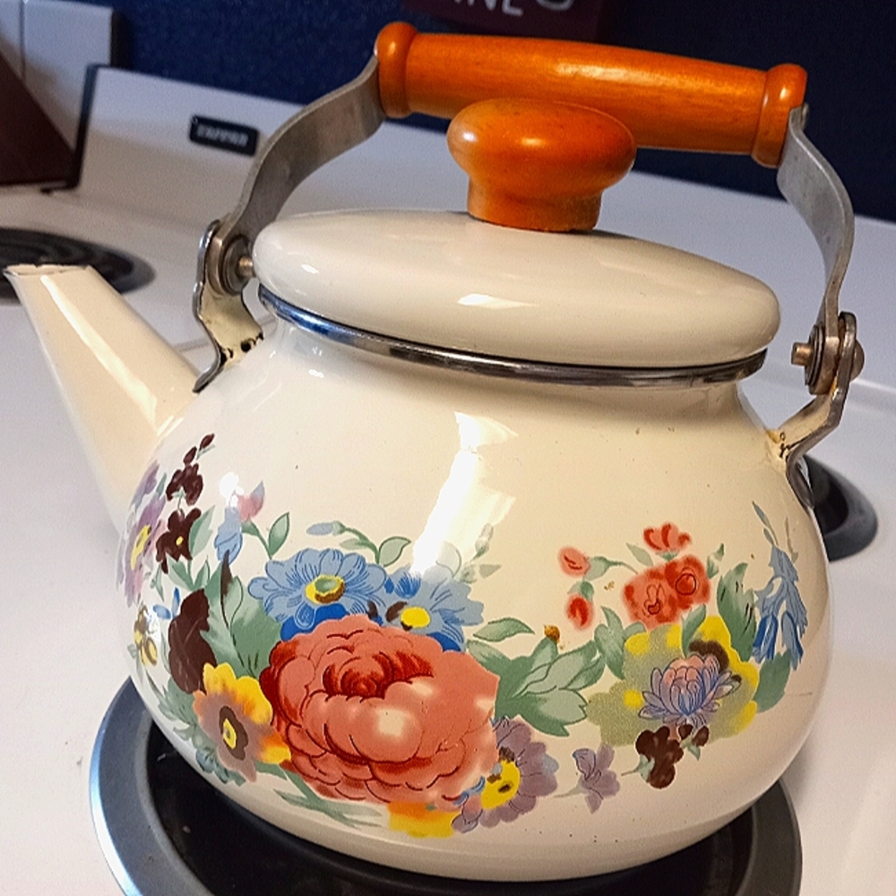 Vintage Floral Enamel Metal Teakettle - Beige w/ Wooden Handle & Knob